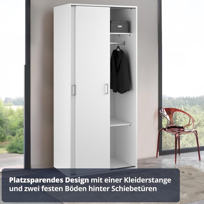Шафа KHG, біла, 2-дверна шафа з розсувними дверима та 1 рейкою для одягу, 2 полицями, штанговими ручками, позачасова шафа з розсувними дверима, 2-дверна