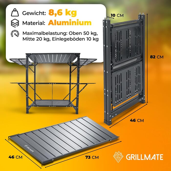 Складаний стіл для гриля на відкритому повітрі, стійкий до погодних умов Бічний стіл для гриля, стіл для гриля, балкону, кемпінгу, саду Складана кемпінгова кухня з іржостійкого алюмінію вантажопідйомність 50 кг, включаючи сумку для перенесення