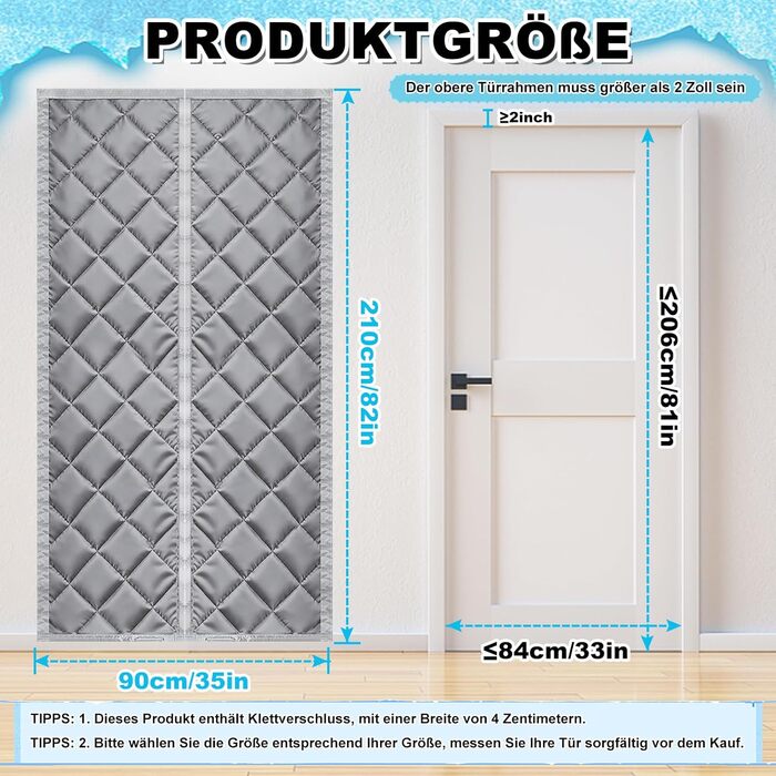 Теплова штора для дверей, захист від холоду, магнітна теплозахисна штора для дверей 90 x 210 см, термозахист дверей від холоду, магнітна теплозахисна штора, утеплена дверна штора, шумоізоляція, вітрозахисна