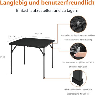 Складаний стіл Storeo Basics, квадратний, з ручкою для перенесення, для використання в приміщенні та на вулиці, портативний, легкий, дорожній стіл, для пікніка, кемпінгу, чорний, 86,1 x 86,1 x 73,9 см