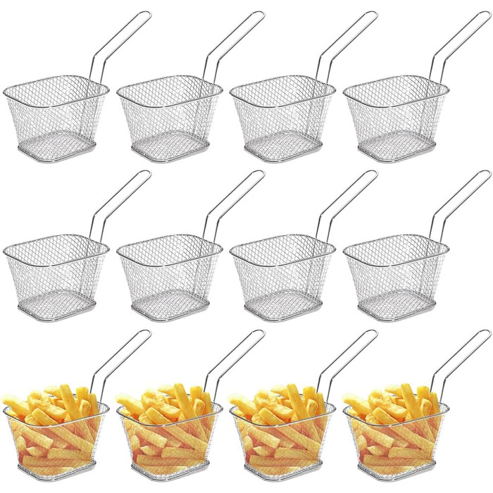 Кошик для смаження Міні-кошик для картоплі фрі з нержавіючої сталі Кошик для картоплі фрі Срібний кошик для подачі картоплі фрі з ручкою Маленький кошик для фритюрниці Кошик для смаження картоплі фрі Креветки Кільця цибулі, 12 шт.