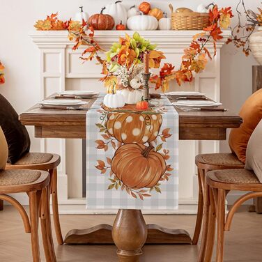 Осінній настільний бігун Сучасний синій картатий настільний бігун з гарбузовим візерунком Бігун для білизни Водовідштовхувальний Х