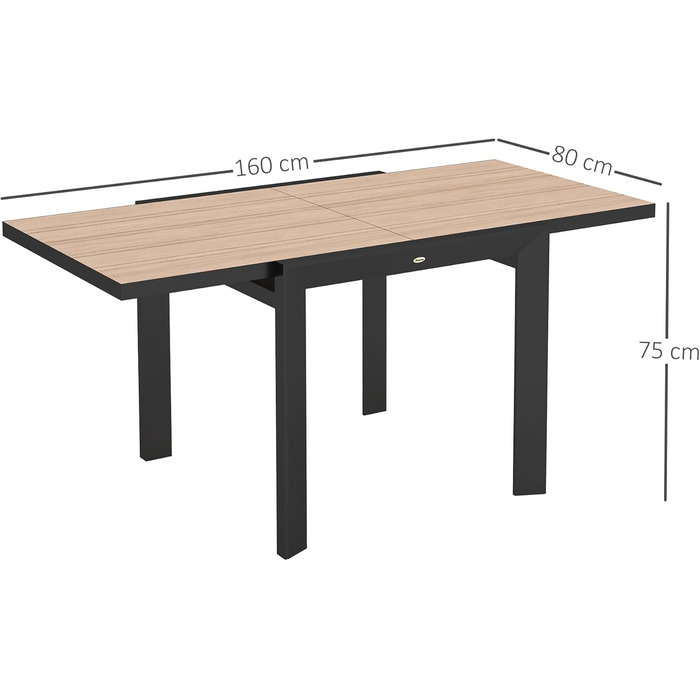 Розсувний садовий стіл Outsunny, алюміній, 80/160x80 см, водонепроникний, нековзний, фуршетний стіл, кемпінговий стіл на 6 осіб, стіл для патіо, обідній стіл на вулиці для саду, тераси, балкона, натуральне дерево