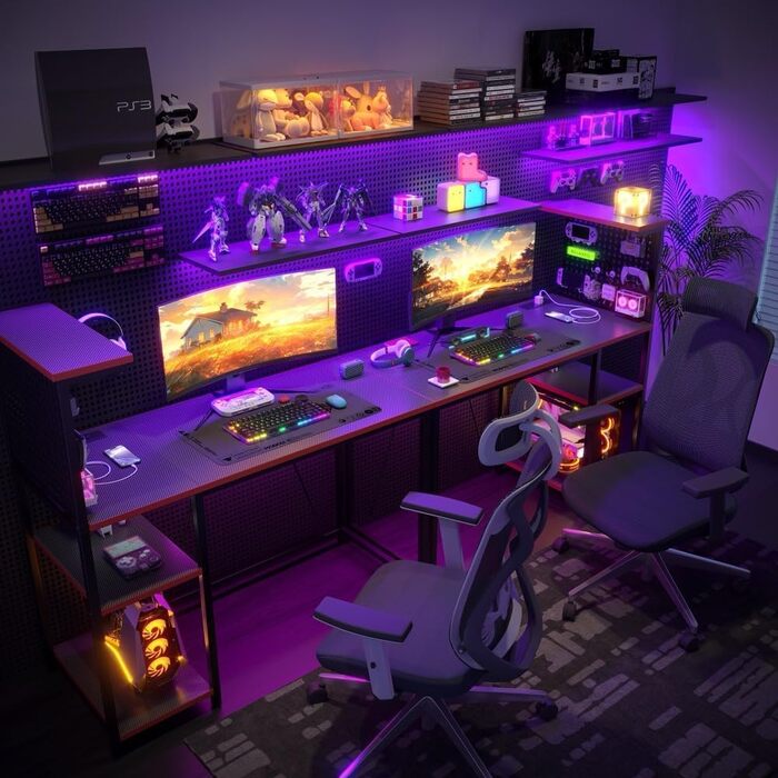 Ігровий стіл 120 x 50 см з перфорованою дошкою, розеткою та невеликим комп&39ютерним столом з двосторонніми полицями та сумкою для зберігання для домашнього офісу, чорний 120 x 50 см