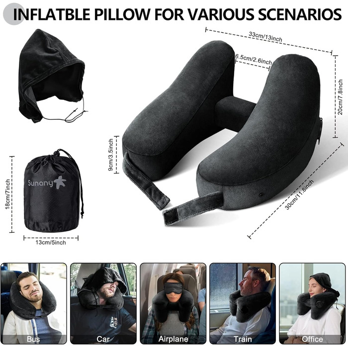 Подушка Sunany Neck Pillow Airplane with Hood, Travel Pillow for Air Travel and Car, Inflatable and Comfortable Travel Neck Pillow Adults, Supports Head, Neck and Chin - Black