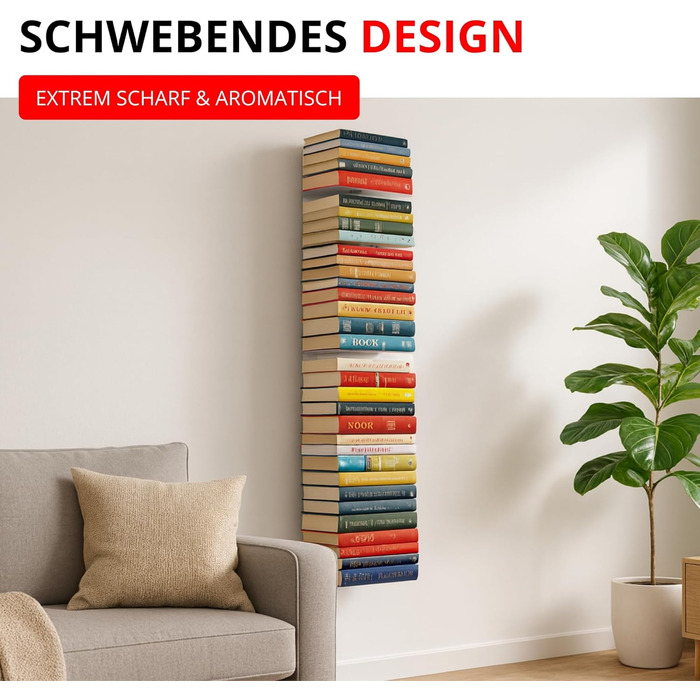 Настінна книжкова полиця Radius Booksbaum 2, велика, біла, виготовлена зі сталі з порошковим покриттям, 15 x 170 x 15,5 см, вміщує приблизно 130 книг, вантажопідйомність 6,5 кг на полицю, елегантна настінна полиця (725B)