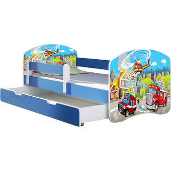 Дитяче ліжко ACMA молодіжне ліжко з однією шухлядою та матрацом синього кольору із захистом від випадіння рейкова рама II 140x70 1