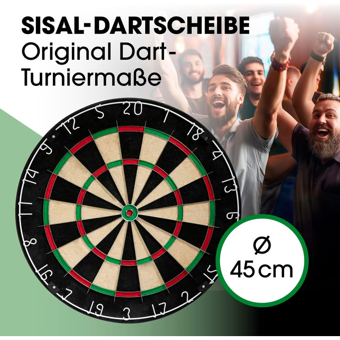 Мішень для дротиків Повний набір дротиків з 6 дротиками та додатковим підсвічуванням дротиків Сталеві дротики, включаючи льотки Сизалеві дротики із захисним кільцем Мішень для дротиків виготовлена з самозакриваючихся сизалевих волокон 1) Мішень для дротик