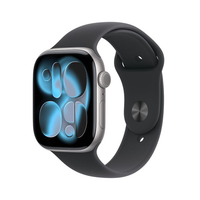 Розумний годинник Apple Watch Series 11 GPS 46 мм з алюмінієвим корпусом кольору космічний сірий та спортивним ремінцем кольору чорний (S/M). Оцінка сну, фітнес-трекер, відстеження здоров&39я, завжди ввімкнений дисплей, водонепроникність. Корпус S/M 46 мм