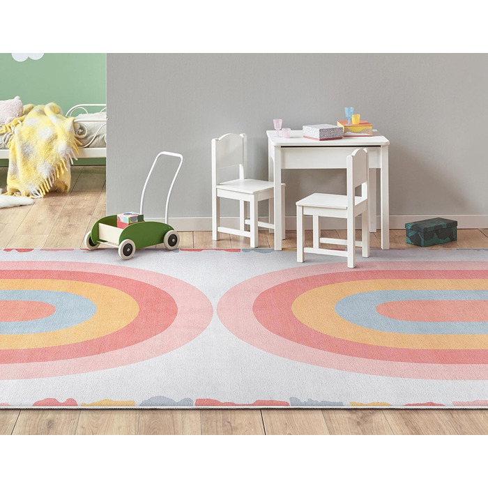Добре витканий дитячий килимок, півмісяцева веселка, 2,1 х 2,9 м, різнокольоровий, сучасний, уживаний, полотняне переплетення