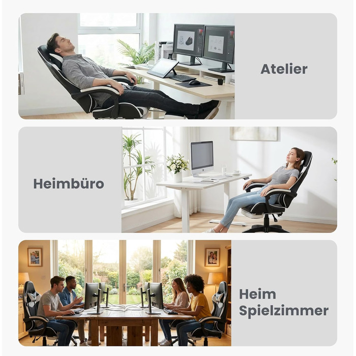 Ергономічне ігрове крісло з поворотом на 360 у гоночному дизайні, шкіряне офісне крісло з високою спинкою та регульованою висотою, з підставкою для ніг, підголівником та поперековою опорою для офісу та ігор (білий чорний)