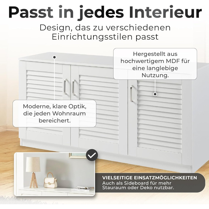 Взуттєва шафа Løten, полиця для взуття з 3 дверцятами та 6 полицями, відділення для взуття, 125 x 36 x 62 см, вміщує до 12 пар взуття, біла, 125 x 36 x 62 см