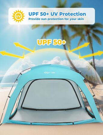Пляжний намет Glymnis Beach Shelter з 4 дверима на блискавці та сітчастими дверима, захист від ультрафіолету UPF50, вітронепроникний, невеликий розмір у упаковці, пляжний намет для 3-4 осіб, синій