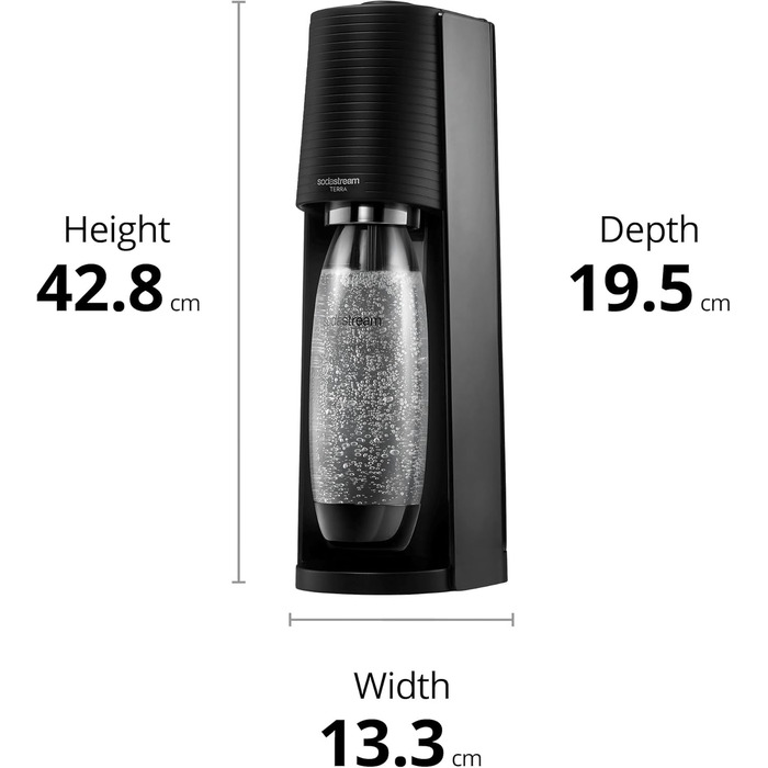 Нагрівач газованої води SodaStream Terra, з 1-літровою багаторазовою пляшкою для води без BPA для карбонізації та газовим балоном Quick Connect CO2 об'ємом 60 літрів - чорний