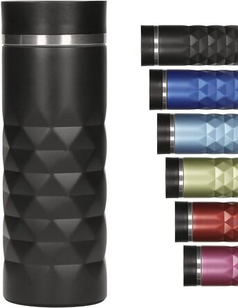 Термокружка Elasto Premium з нержавіючої сталі з кнопкою 450 мл Герметична кришка Гаряча та холодна Без BPA Термокружка для кави з собою з діамантами Матовий блиск Чорний онікс
