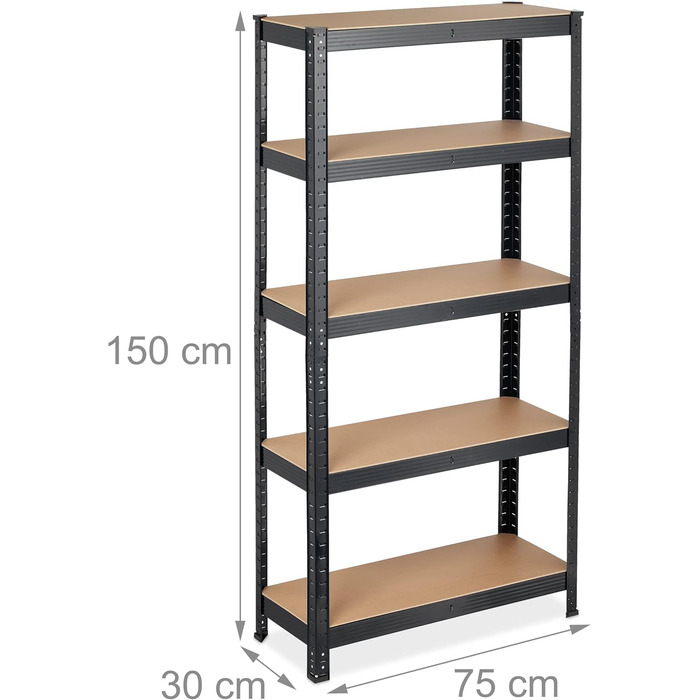 Полиця для важких навантажень, HBT 150 x 75 x 30 см, вантажопідйомність 875 кг, 5 полиць, плагін, підвал, гараж, сталь, чорний