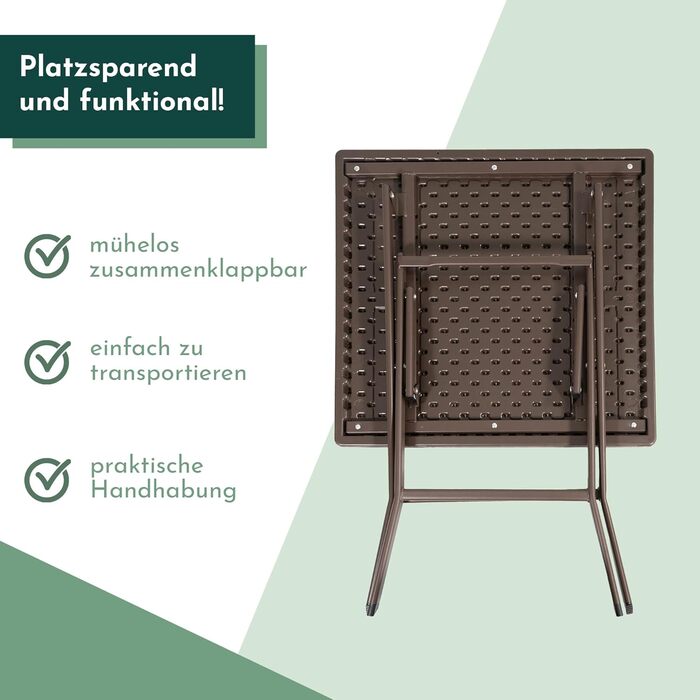 Розкладний стіл Lemodo з коричневою стільницею під дерево, балконний стіл 62 x 62 см (Д x Ш) Журнальний столик, вантажопідйомність до 40 кг, садовий стіл, міцний пластиковий стіл