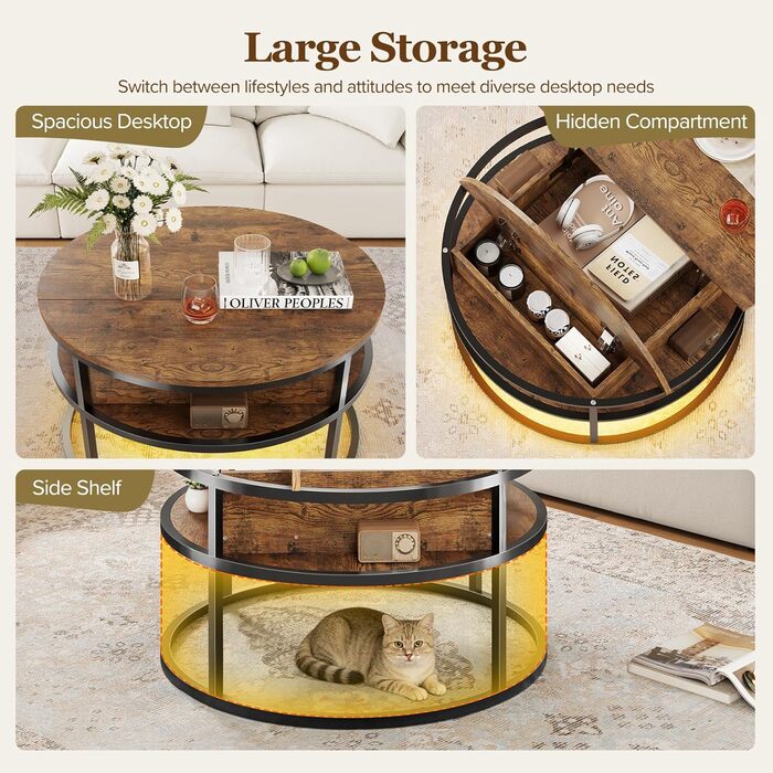 Круглий журнальний столик Dripex, діаметр 81 см, регульований по висоті бічний столик із прихованим місцем для зберігання, вітальня з підйомною стільницею, журнальний столик, дерев&39яний стіл для вітальні, офісу 80*80*47