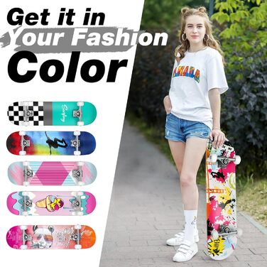 Круїзерний скейтборд 38 дюймів - повний комплект для дітей, підлітків та дорослих, 7-шарова увігнута дека з канадського клена Double Kick, універсальний T-Tool, для початківців з графіті дизайном