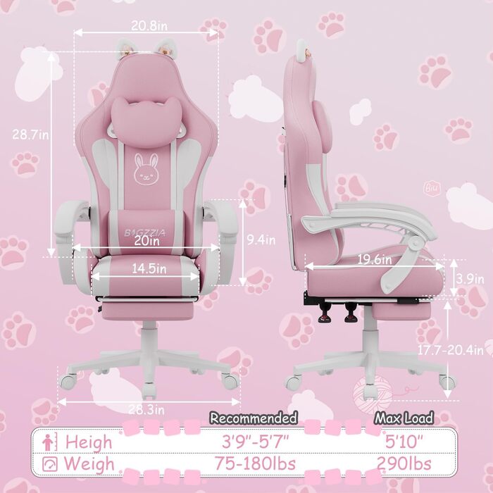 Ігрове крісло bigzzia з функцією масажу та підставкою для ніг ергономічне ігрове крісло для дівчат та дорослих, ігрове крісло з опорою для голови та попереку та котячими вушками (рожево-біле)
