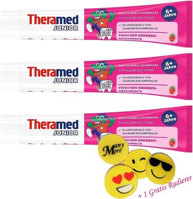 Мл Theramed-Junior Strawberry Toothpaste (від 6) без м'яти та ментолу Зубна паста Дитяча зубна паста 1 безкоштовний ластик від ManyMore*, 3 шт., 75