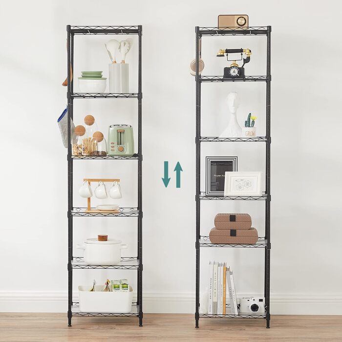 Рівнева кухонна полиця, металева полиця, окремостояча полиця, регульовані по висоті дротяні полиці, з полицями з поліпропілену, 8 S-подібних гачків, для кухні, вітальні, вантажопідйомність до 120 кг, чорна LGR116B01 6 рівнів (29 x 40 x 160 см) чорна, 6-