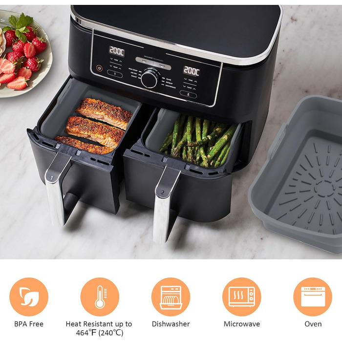 Аксесуари для фритюрниці ddLUCK Силіконова фритюрниця, складні силіконові форми для Ninja Foodi AF400EU/SL400EU/Cookwise/Princess і всі 7.6-9.5 л фритюрниці Dual Zone з магнітною кулінарною книгою (сірий, 2 шт. )