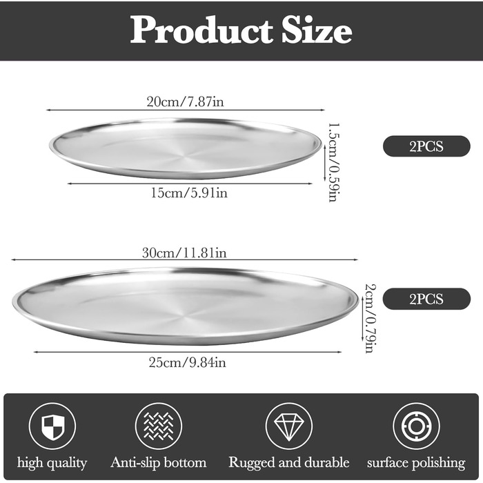 Набір з 4 сталевих тарілок, Ø20/30 см, круглий посуд з нержавіючої сталі, для барбекю, овальна страва, тарілка для мяса, тарілка для рису, сріблясті сталеві тарілки для кемпінгу, пікніка, кухні, BBQ, вечірок