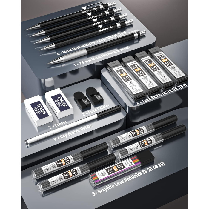 Набор механических карандашей для рисования и письма (5 шт + аксессуары)