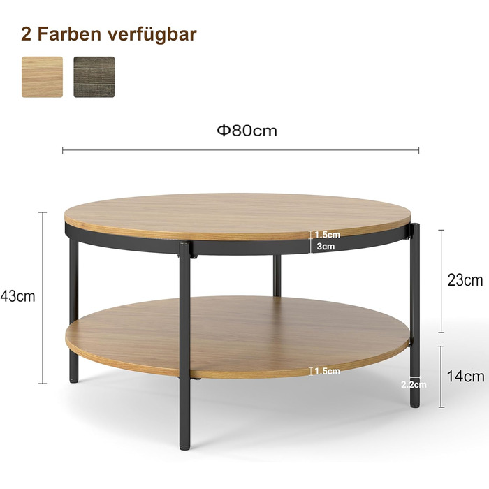 Круглий дерев&39яний журнальний столик Manora, маленький круглий столик для вітальні 80 см, диван-столик з 2 рівнями зберігання, під дуб, металеві ніжки зі сталевим каркасом (світлий дуб), сучасний дуб