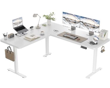 Г-подібний стіл з регульованою висотою, електричним керуванням та 3 налаштуваннями пам&39яті, кутовий стіл 160 x 140 см з органайзером для кабелів та гачками, ергономічний комп&39ютерний стіл, білий, 160 x 140 см