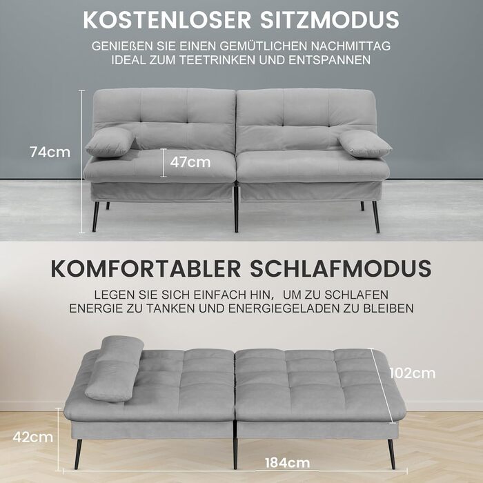 Диван-ліжко COMHOMA з функцією сну розкладний футон кутовий диван 3-місний гостьовий диван з регульованою спинкою із сірої тканини