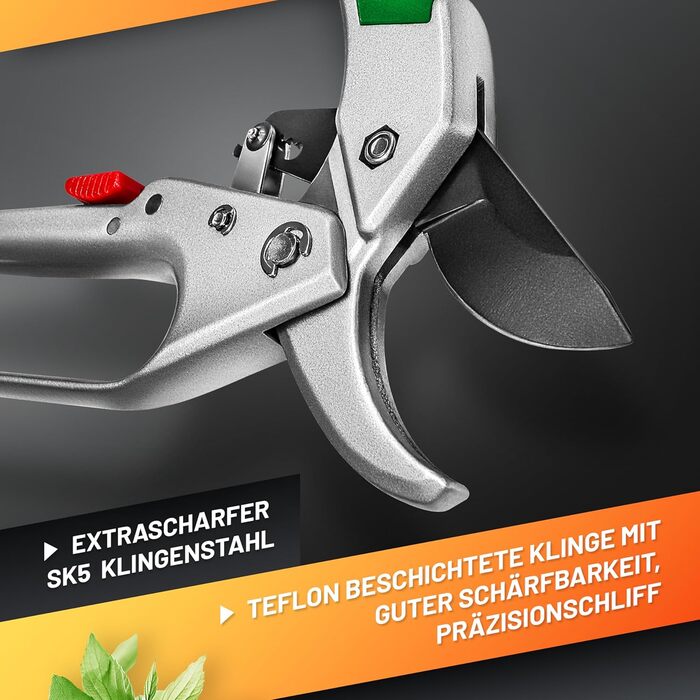 Садові ножиці GRNTEK KONDOR з храповим механізмом 200 мм - лезо SK5, автоматичний храповий механізм, алюмінієві ручки, прецизійне заточування для легкого обрізання гілок. Сучасні садові ножиці з храповим механізмом.
