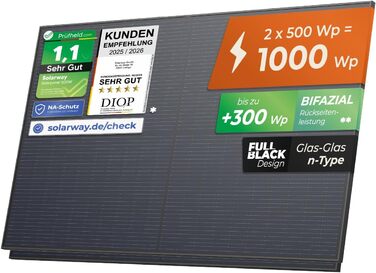 Сонячна панель Solarway потужністю 500 Вт, повністю чорна двостороння фотоелектрична панель зі скла/скла з позитивним допуском потужності 0-5 Вт, n-типу, підходить для балконних електростанцій