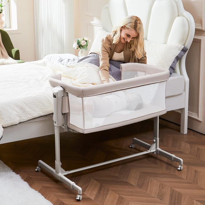 Дитяче ліжечко-колиска - Дитяче ліжко-колиска з колесами, пружинна колиска для немовлят - Комплект ліжечка для подорожей - Розсувне дитяче ліжко - Безпечне спальне місце для малюків, бежевий