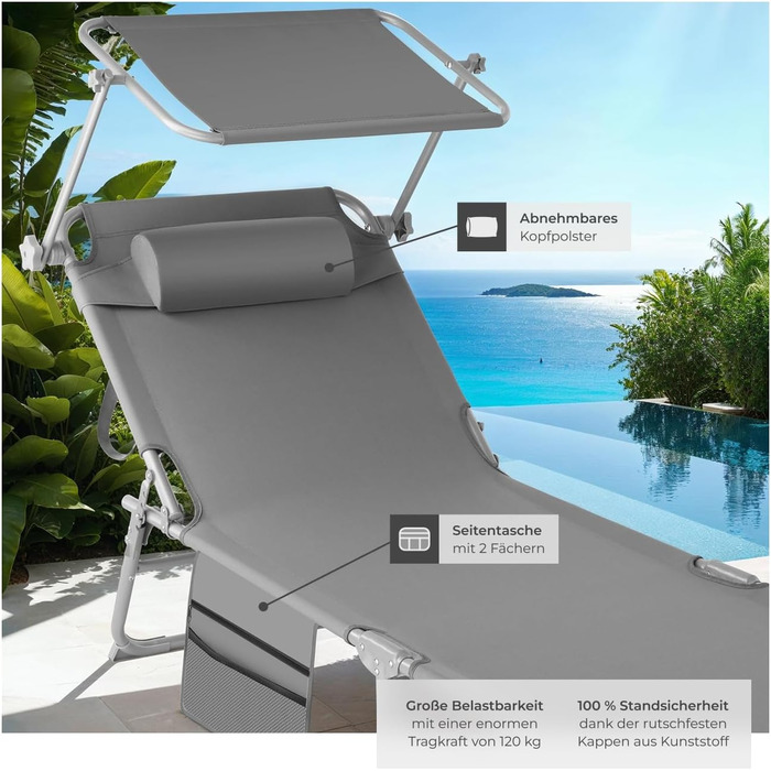 Складаний портативний шезлонг з бічною кишенею, пляжний шезлонг, садовий шезлонг з навісом, крісло-відкидний крісло з регульованою спинкою, включаючи підголівник - для балкону, тераси, кемпінгу - сірий