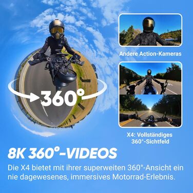 Набір для мотоциклів Insta360 X4 водонепроникна екшн-камера 8K 360, ширококутне відео 4K, невидима палиця для селфі, знімний захисний лінз, час автономної роботи 135 хв, редагування AI, стабілізація