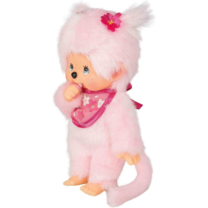 Оригінальна лялька Monchhichi Вишня в цвіту, плюшева фігурка з нагрудником та косичками з квітами, м'яка іграшка рожевого кольору, приблизно 20 см, 767020 -