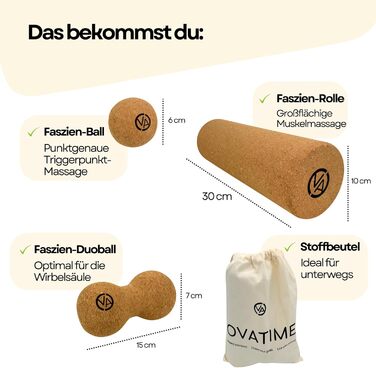 Набір для фасцій OVATIME з корку - фасційний валик 30 см x 10 см, Duoball 15 см x 7 см, фасційний м&39яч 6 см x 6 см - оптимальна підготовка до навантаження, сприяє швидкій регенерації, запобігає фасціальним спайкам