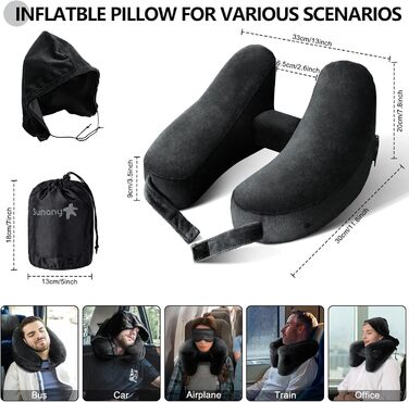 Подушка Sunany Neck Pillow Airplane with Hood, Travel Pillow for Air Travel and Car, Inflatable and Comfortable Travel Neck Pillow Adults, Supports Head, Neck and Chin - Black