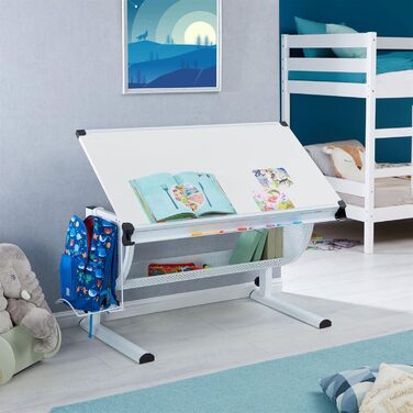 Дитяча парта CARO-Mbel Sari регульована по висоті в кольорі білий/білий, дитяча парта нахилена з пазом для ручок, шкільна парта з