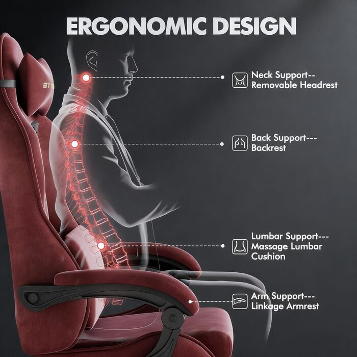 Ігрове крісло Huracan з підставкою для ніг, дихаюче ергономічне ігрове крісло з мікрофібри велюру, ігрове крісло, ігрове крісло з регульованим підголівником та масажною подушкою для попереку, підлокітники (червоні) плоска подушка сидіння, стиль 1 червоний