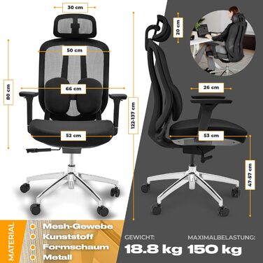 Ергономічне офісне крісло, переможець тесту, стілець для роботи регульована підтримка голови та попереку Ергономічне офісне крісло з підлокітниками Офісне крісло з колесами, зручне для спини, до 150 кг, чорний колір