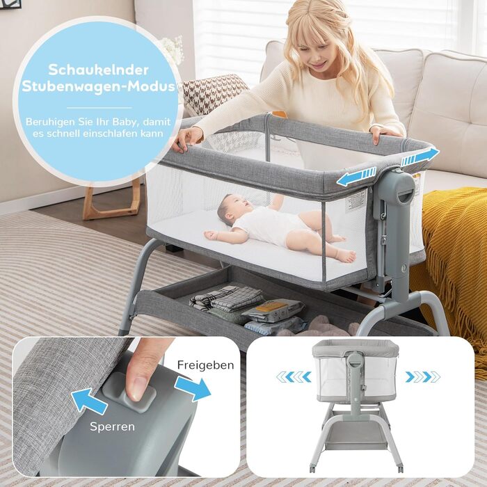 Дитяче ліжечко DREAMADE 3 в 1, дорожнє ліжечко 90 55 см з матрацом, москітною сіткою та 4 колесами, 6-рівнева регульована висота колиска з функцією відкидання, дитяча колиска для немовлят 0-6 місяців (сіра)