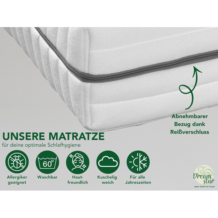 Матрац DREAMSTAR Vital Silver XXL з холодної піни, висота 24 см Ергономічний 7-зонний матрац, 90 x 200 см, рівень жорсткості H3 Гіпоалергенний та антибактеріальний Знімний чохол, який можна прати Сертифіковано Oeko-Tex (24 см, 90 x 200 см) H3 90 x 200 см