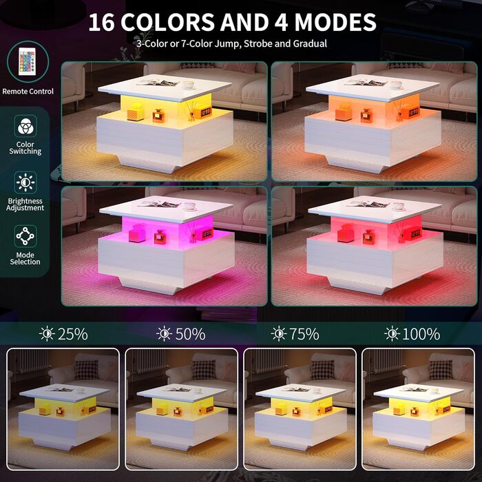 Журнальний столик з регульованою висотою та світлодіодним освітленням, сучасний, 60x60x45 см, глянцевий стіл для вітальні з відкритою полицею та 2 шухлядами, білий