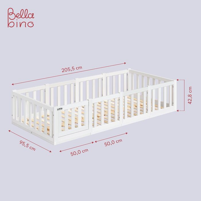 Ліжко Bellabino Tapi 90x200 см, дитяче ліжко з поручнями та дверцятами, включаючи рейкову основу, підлогове ліжко Монтессорі для хлопчиків та дівчаток з масиву сосни, біле лаковане, Ліжко 90 x 200 см Біле - з дверцятами