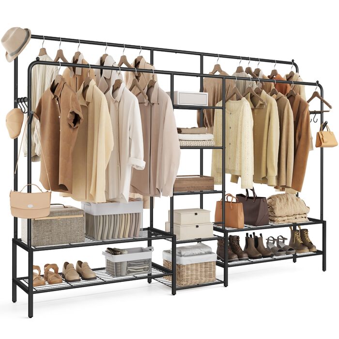 Вішалка для одягу SONGMICS, Відкрита шафа, Вішалка для пальто з 9 полицями, Металевий каркас, Штанга для одягу, для спальні, вітальні, вхідної зони, Чорний HSR183B01 Чорний 195W см