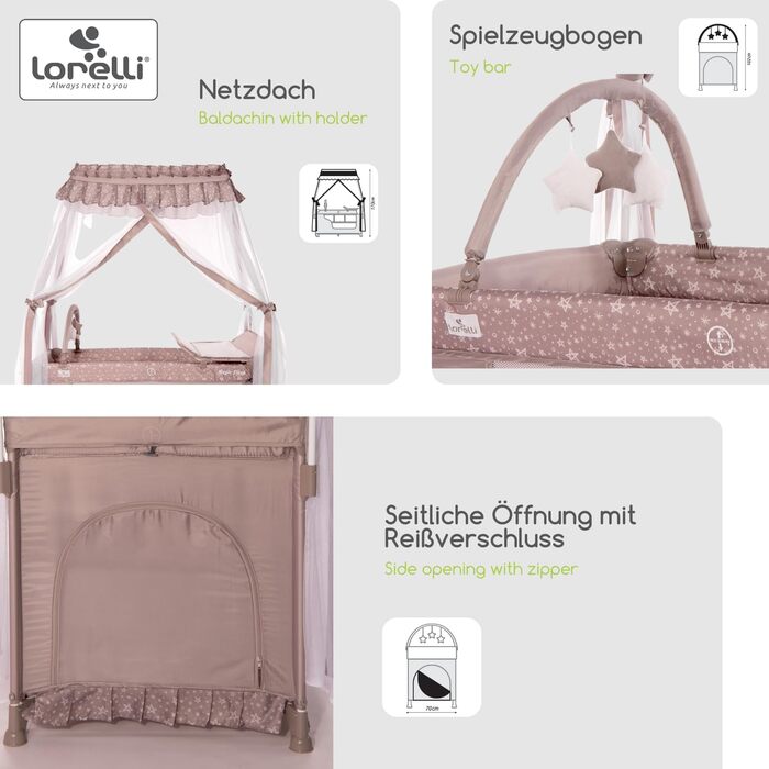 Дитяче ліжечко та манеж Lorelli 3-в-1, ліжко-балдахін Magic Sleep з 2 рівнями, ліжечко від народження, дитяче дорожнє ліжечко, пеленальний килимок, колеса, сумка, рожевий