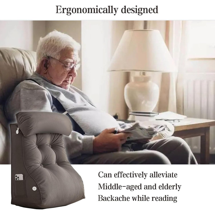 Подушка для читання з опорою для спини та клином, подушка для поперекової підтримки для читання, відпочинку та перегляду телевізора, ідеально підходить для сидіння в ліжку, сірий колір, 556030 см (без підголівника)